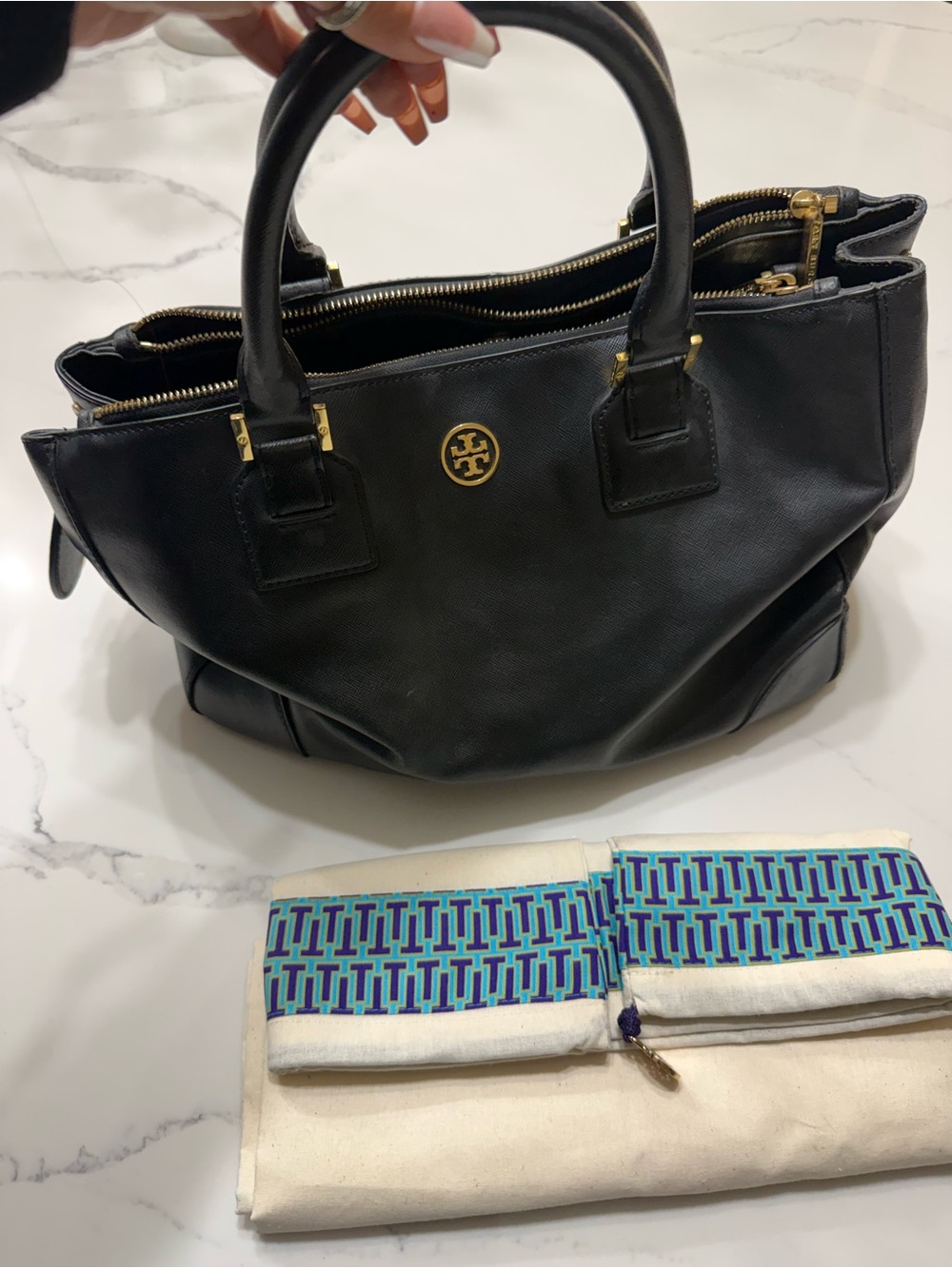 Tory Burch Black Leather Tote with Gold Logo